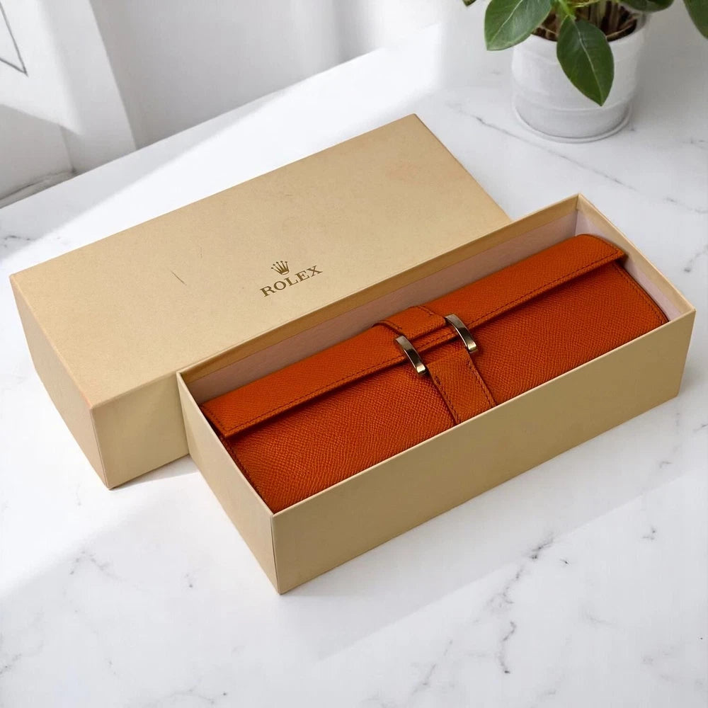 ROLEX VINTAGE SAFFIANO LEATHER 4-WATCH ROLL – COGNAC – ITALY VIP BOXED AD GIFT