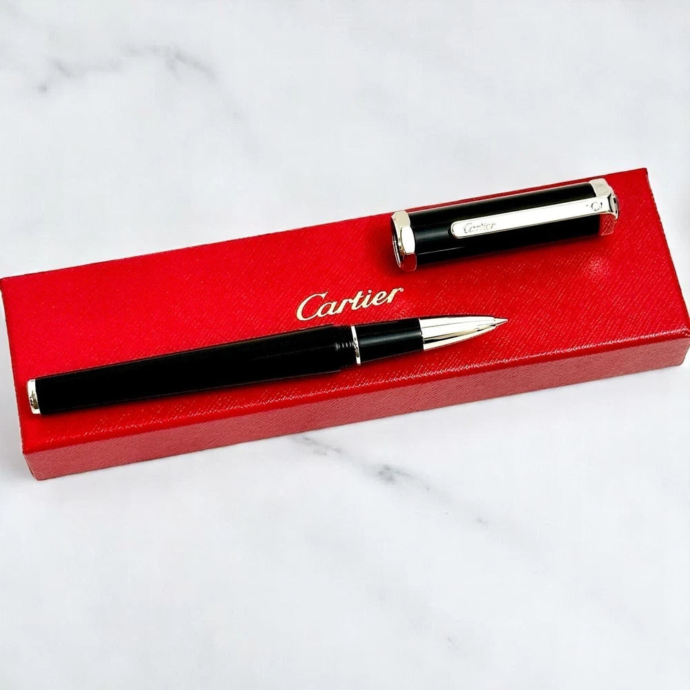 CARTIER SILVER SIGNATURE SANTOS DUMONT ROLLERBALL PEN SILVER & BLACK EDITION