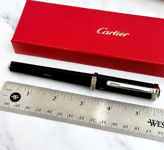 CARTIER SILVER SIGNATURE SANTOS DUMONT ROLLERBALL PEN SILVER & BLACK EDITION