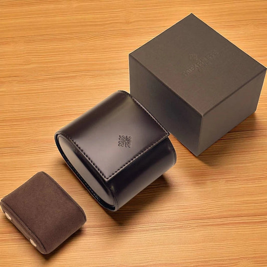 PATEK PHILIPPE GENÈVE LEATHER WATCH CASE – BLACK CALATRAVA LOGO W/ ORIGINAL BOX