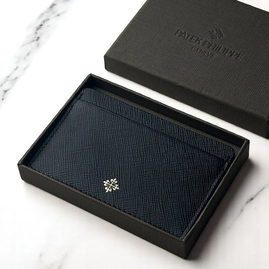 PATEK PHILIPPE GOLD EMBLEM CARDHOLDER–BLACK LEATHER
