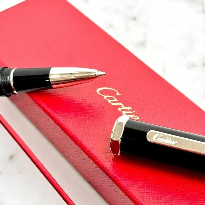 CARTIER SILVER SIGNATURE SANTOS DUMONT ROLLERBALL PEN SILVER & BLACK EDITION