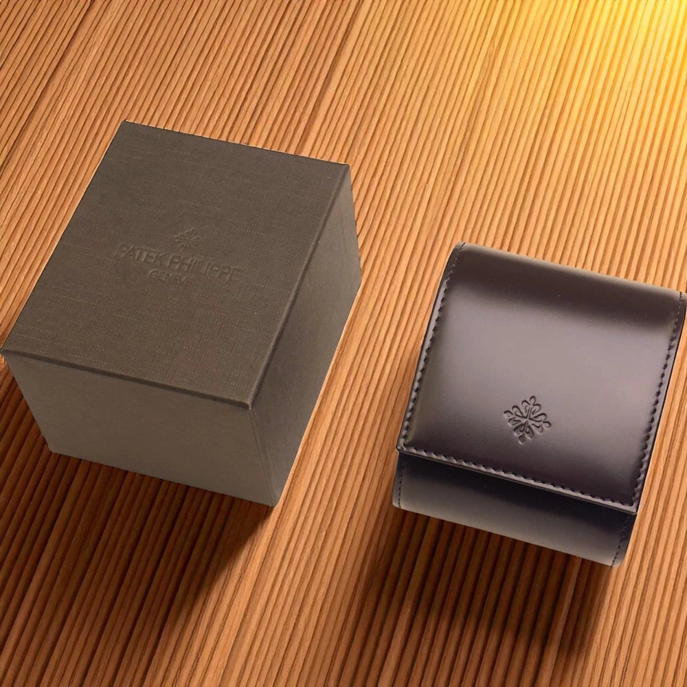 PATEK PHILIPPE GENÈVE LEATHER WATCH CASE – BLACK CALATRAVA LOGO W/ ORIGINAL BOX