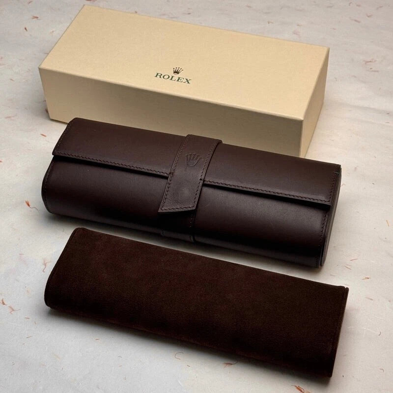 ROLEX BROWN LEATHER TRIO WATCH TRAVEL CASE AUTHENTIC STORAGE HOLDER