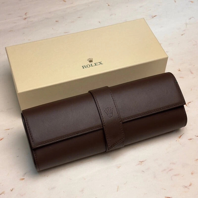 ROLEX BROWN LEATHER TRIO WATCH TRAVEL CASE AUTHENTIC STORAGE HOLDER
