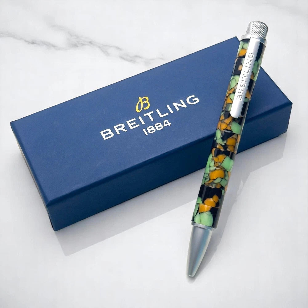 BREITLING MOSAIC SWIRLED BALLPOINT PEN GREEN ORANGE, AND BLACK DESIGN