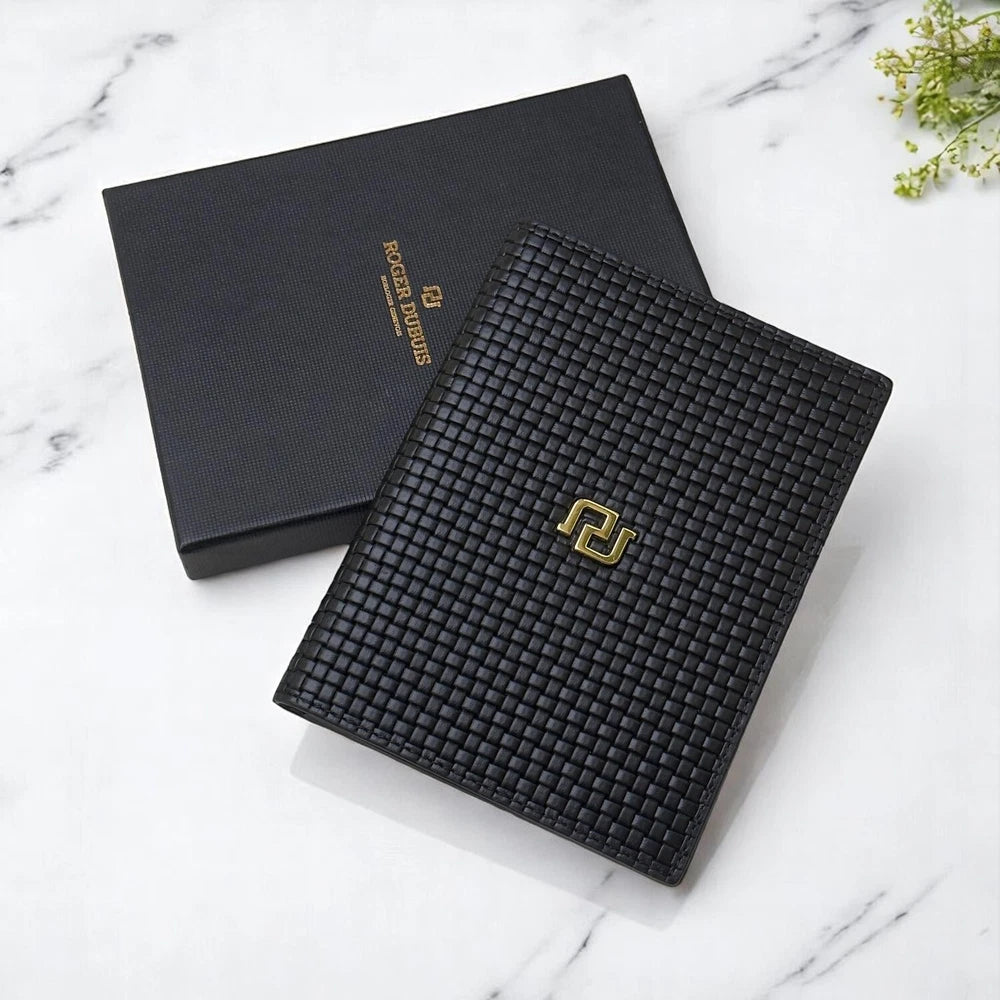 ROGER DUBUIS INTRECCIATO LEATHER PASSPORT HOLDER – BLACK – VIP GIFT – BOXED