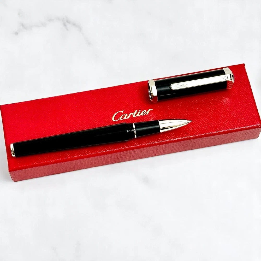 CARTIER SILVER SIGNATURE SANTOS DUMONT ROLLERBALL PEN SILVER & BLACK EDITION