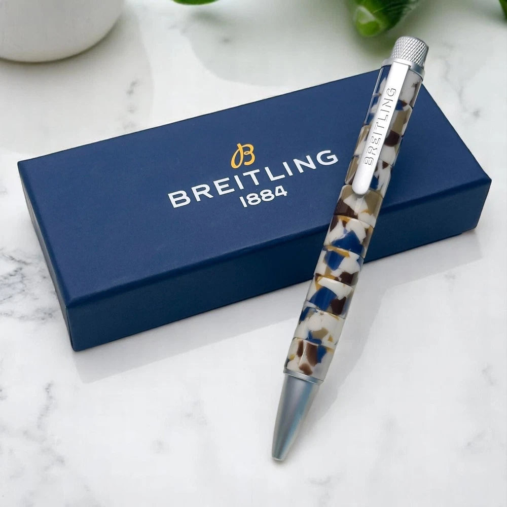 BREITLING MOSAIC SWIRLED BALLPOINT PEN – BLUE, WHITE, AND GOLD MARBLED DESIGN