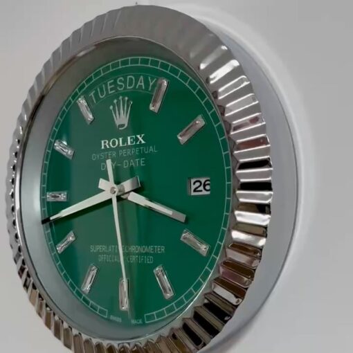 DAY DATE – ROSE SILVER – GREEN 35 CM DELUXE METAL WALL CLOCK