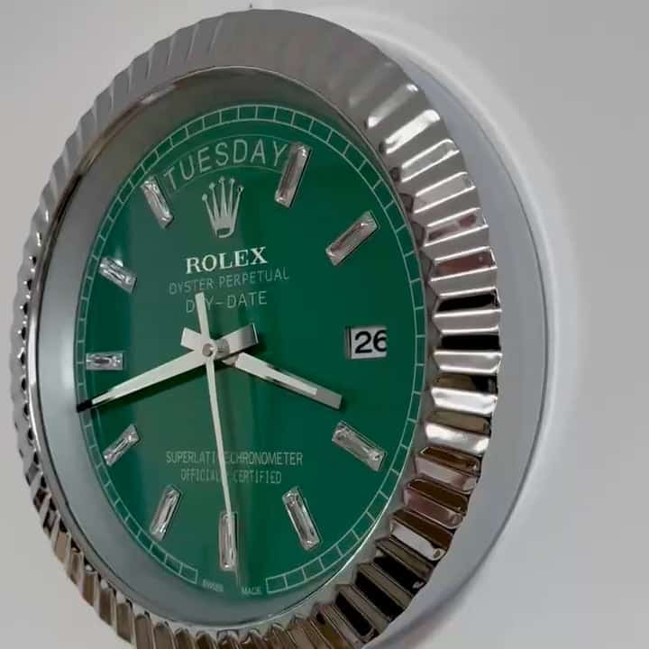 DAY DATE – ROSE SILVER – GREEN 35 CM DELUXE METAL WALL CLOCK