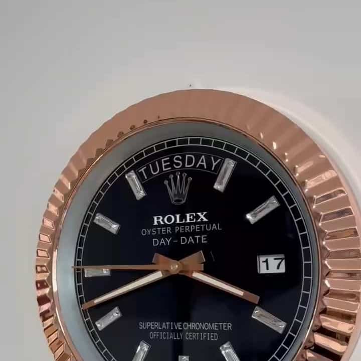 DAY DATE – ROSE GOLD CHROME – BLACK EDITION 35 CM DELUXE METAL WALL CLOCK