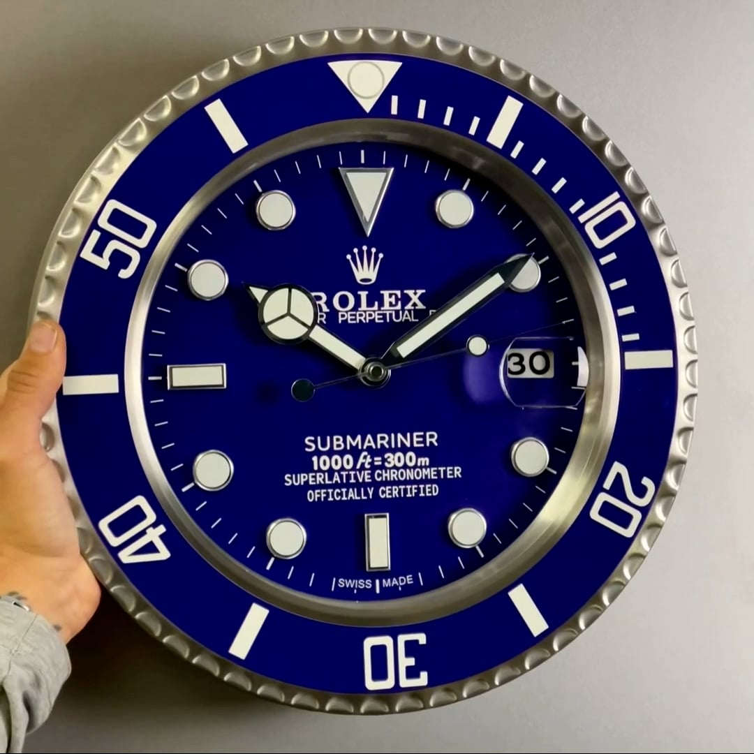 ROLEX SUBMARINER WALL CLOCK - VIVID BLUE DIAL, WHITE BEZEL, STAINLESS STEEL, 35CM