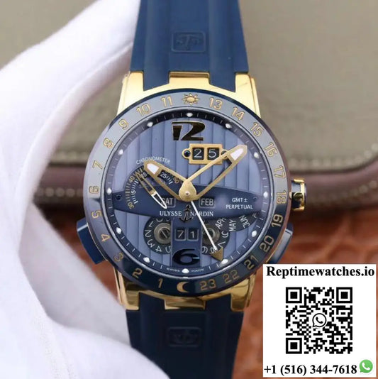 Ulysse Nardin El Toro 322-00-3/BQ All Working GMT Calendar 18K Yellow Gold Blue Dial - Watches