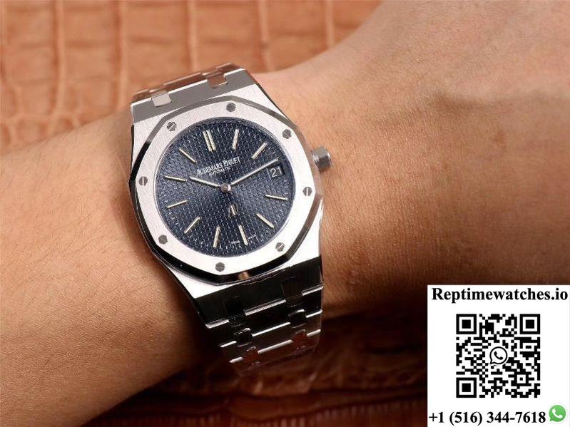 Xf Factory Audemars Piguet Royal Oak “Jumbo” Extra-Thin 15202St.Oo.1240St.01 Stainlless Steel Cufflinks Blue “Tapisserie” Pattern-Rep Time Watches